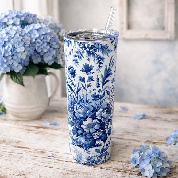 The Crowing Hen of Clayton Other - Blue Toile Floral 20 oz Skinny Tumbler | Vintage Botanical Cottagecore Tumbler